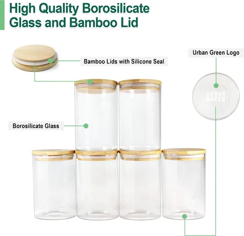 Vista 2 de Botes de vidrio Urban Green con tapas herméticas, Botes de vidrio herméticos con tapas con candado, (Bambú-20oz-30oz)