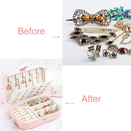 Vista 4 de DREAMGLAMOUR Joyería de viaje caja de viaje de doble capa joyero de viaje regalo para mujeres niñas con 6 pulseras de regalo collar aretes anillos