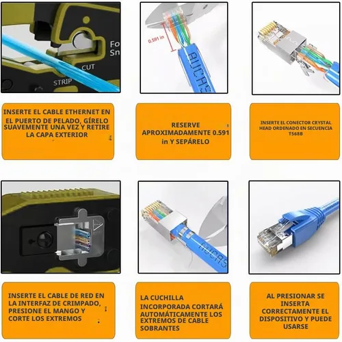 Vista 3 de LEATBUY - Juego de herramientas de crimpado RJ45, crimpadora Cat5 Cat5e Cat6, 50 conectores de paso, 50 cubiertas, probador de cables de red, Naranja