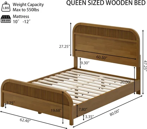 Vista 2 de Christopher Knight Home Base de cama de madera tamaño Queen con cabecero, cama de plataforma con acabado de roble, madera maciza y fabricada,