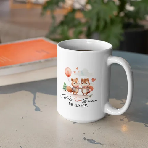 Vista 3 de Taza de café personalizada con diseño de zorro de 11 onzas, 15 onzas, divertida taza de viaje para pareja de zorros, taza de té con nombre y fecha