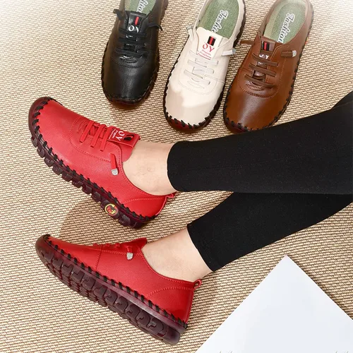 Vista 6 de AngryMonkey Mocasines planos de cuero para mujer, hechos a mano, antideslizantes, buen soporte de arco, transpirables, parte inferior suave