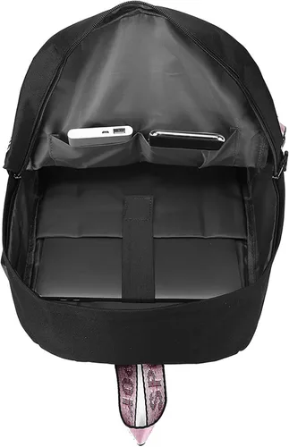 Vista 4 de Mochila Demon Slayer Nezuko Kimetsu con puerto de carga USB, mochilas de viaje informales personalizadas para niños y niñas, Negro, 17.7x15.6x5.9