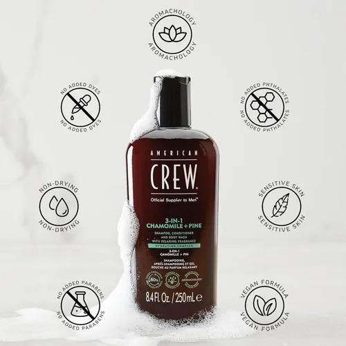 Vista 6 de AMERICAN CREW Manzanilla y pino 3 en 1, champú, acondicionador y gel de baño para hombres, regalo de cuidado del cabello para él, fragancia calmante
