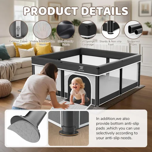 Vista 6 de Corralito plegable para bebés con tapete – Patio de juegos de 50 x 50 pulgadas para bebés y niños pequeños – Corralito portátil para interiores