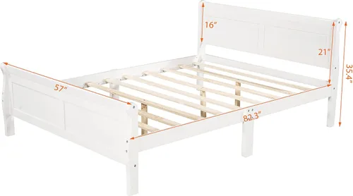 Vista 2 de SOFTSEA Base de cama matrimonial con cabecero y estribo, cama de plataforma de madera maciza con soporte de listones de madera/no necesita somier