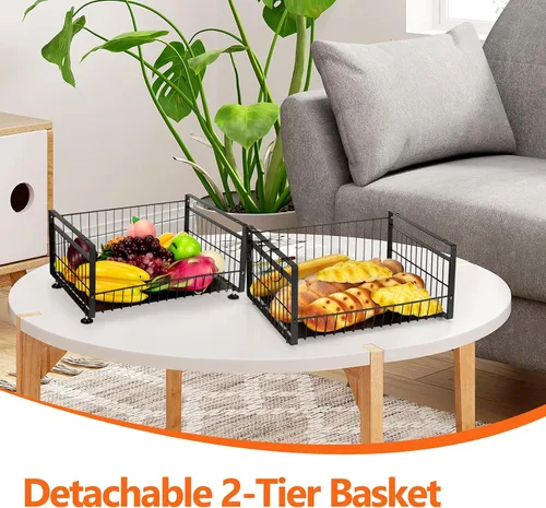 Vista 4 de Fashionwu Cesta de frutas de 2 niveles con 4 ganchos extraíbles para plátano, frutero para encimera de cocina, organizador de almacenamiento