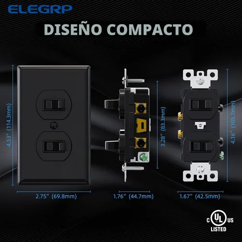 Vista 5 de ELEGRP Interruptor de luz de palanca doble, interruptor de luz doble de dos polos individuales, 15 A, 120 V, encendido/apagado en la pared, conexión