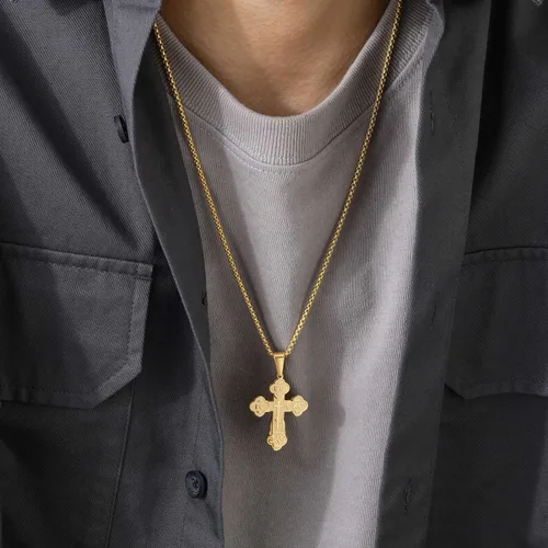 Vista 3 de Collar con colgante de cruz ortodoxa para hombre, cadena de cruz religiosa de moda, hipoalergénico e impermeable, collares largos cristianos