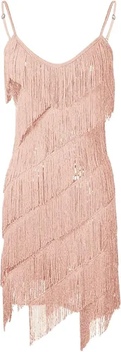 Vista 2 de Vestido sexy de fiesta con cuello en V para mujer, vestido de lentejuelas de color sólido, vestido con flecos, para ocasiones especiales