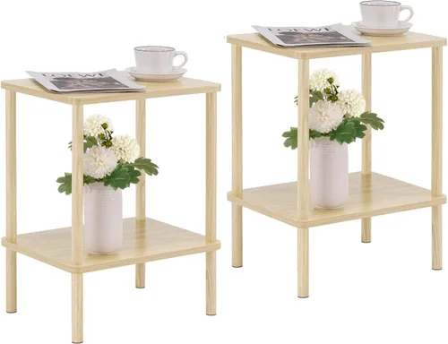 Vista 31 de Apicizon - Mesa auxiliar de 2 niveles, pequeña mesa auxiliar con patas de madera maciza, mesa de noche estilo boho con estante de almacenamiento