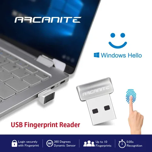 Vista 6 de ARCANITE Lector de huellas dactilares USB para Windows 10 Hello, dispositivo de seguridad de sensor de 360 grados de 0.05s, AKFSD-07