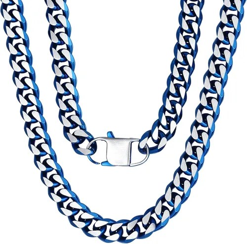 Vista 41 de YAMI Cadena de eslabones cubanos para hombre, azul/negro/oro de 14 quilates, acero inoxidable de 0.394-0.472 in de grosor, collar de cadena