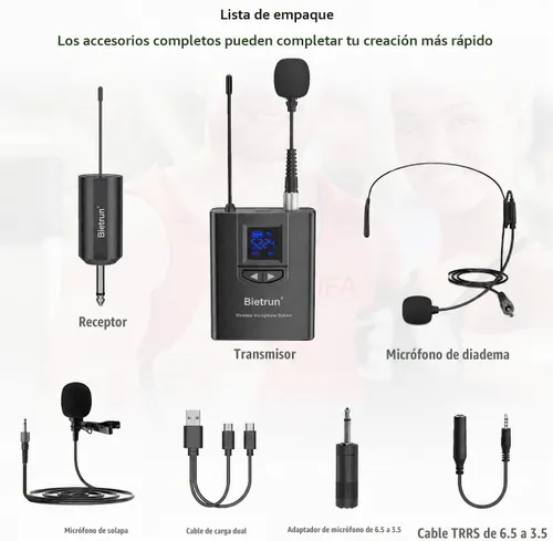 Vista 8 de Bietrun - Sistema de micrófono inalámbrico UHF Lavalier de solapa/micrófono para auriculares/micrófono de soporte, rango de 50.3 metros, transmisor