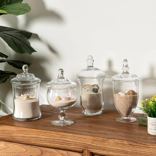 Vista 4 de MyGift Juego de 4 tarros de boticario de cristal, tarros de caramelo transparentes con tapas Decorative Containers For Sweets Snacks Accessories