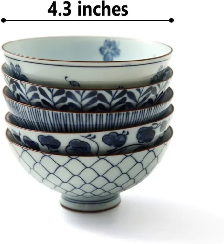 Vista 4 de ese Pottery Set – Cuencos de arroz tradicionales – Cuencos asiáticos azules y blancos – Pintados a mano – Cerámica premium – Juego de 5 cuencos