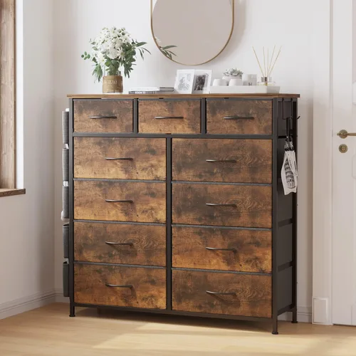 Vista 10 de Cómoda de almacenamiento de tela con 11 cajones para organización del dormitorio, cómoda con estantes profundos, bolsillos laterales y ganchos, Negro