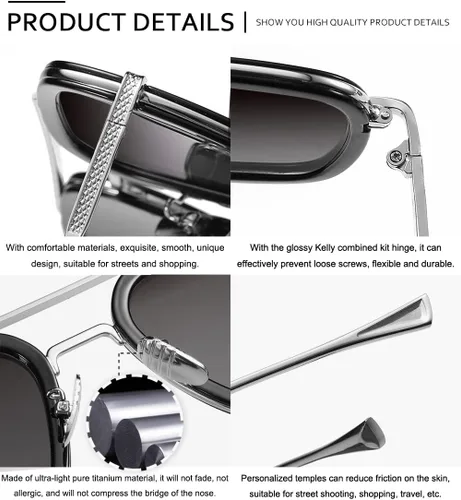 Vista 4 de SHEEN KELLY Trendy Square Pilot Sunglasses Men Women Vintage Rectangular Metal Frame Shades Eye Glasses Tony Stark