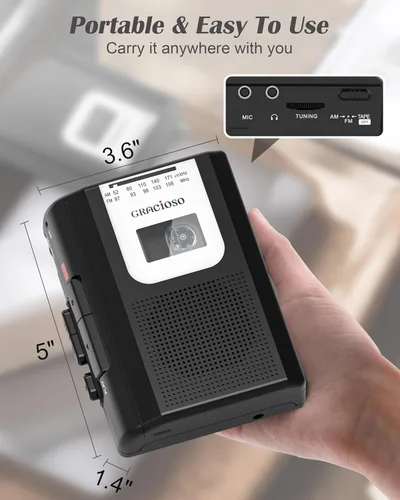 Vista 5 de Grabadora de casete portátil - Reproductor de cinta de casete con radio AM FM - Reproductor de cinta compacto con auriculares de 0.138 in
