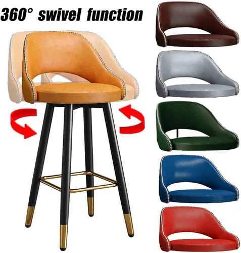 Vista 7 de LAJUU Taburetes de bar, silla alta giratoria, respaldo curvado de cuero, taburete de recepción con reposapiés de metal y patas de latón/naranja/25.6