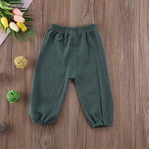 Vista 32 de Paquete de 3 pantalones de algodón y lino para bebés, niños y niñas, color liso, ropa básica para bebés