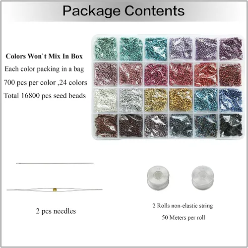 Vista 2 de Tamaño de 0.079 in 120 cuentas de semillas para hacer aretes, 24 colores en total, 16800 piezas en caja, pequeñas cuentas de semillas artesanales