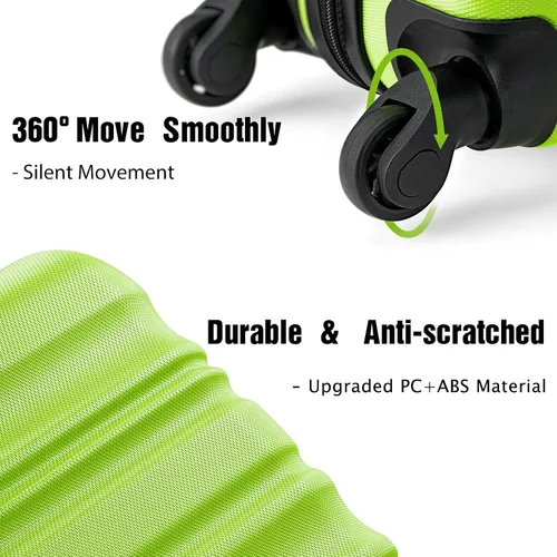 Vista 3 de LONG VACATION Juego de equipaje de 4 piezas de ABS hardshell TSA Lock Spinner Ruedas equipaje de mano en maleta, Manzana Verde (Apple Green), Juego