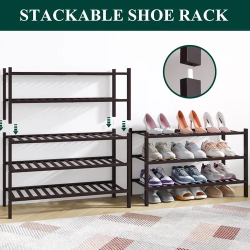 Vista 4 de Smiry Zapatero de bambú para armario, organizador de zapatos de madera de 3 niveles, estante apilable de almacenamiento de zapatos de madera