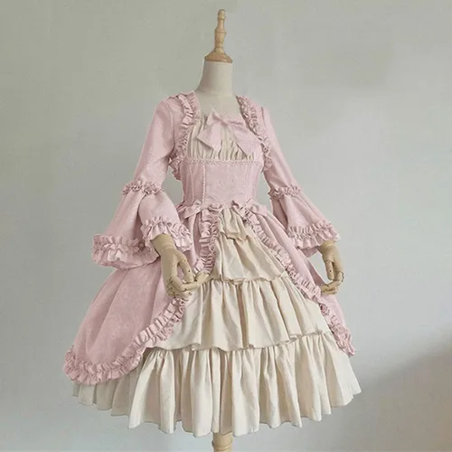 Vista 2 de Black Gothic Dress for Women, Cute Lolita Princess Dresses Retro Gothic Bow Ruffle Square Neck Flare Sleeves Dress