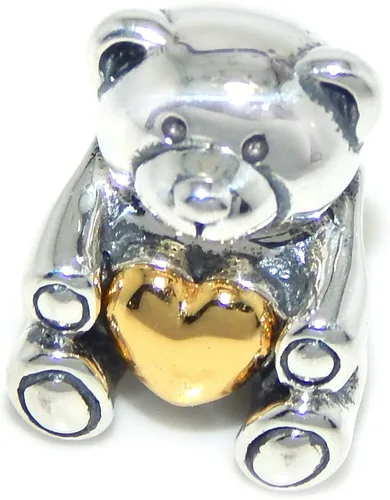 Vista 2 de Abalorio de plata de ley 925, diseño de oso de peluche con corazón dorado 327