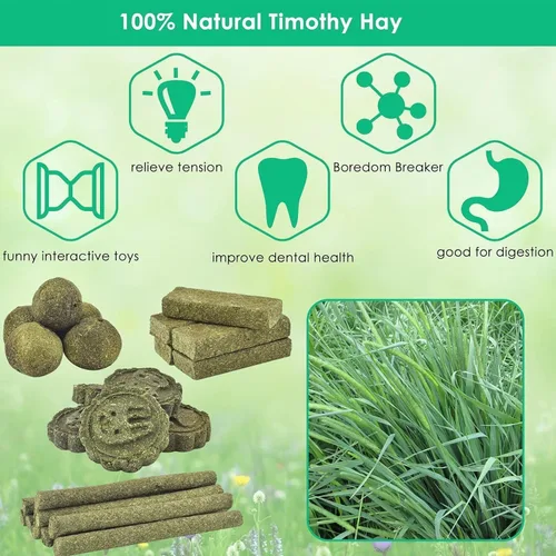 Vista 5 de ERKOON 75 juguetes masticables de conejo, 100% naturales Timothy heno galleta y palitos de golosinas, juguete masticable para dientes para conejo