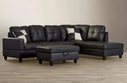 Vista 8 de Juego de sofá modular de piel sintética en forma de L con diván, otomana, 2 almohadas de lanzamiento