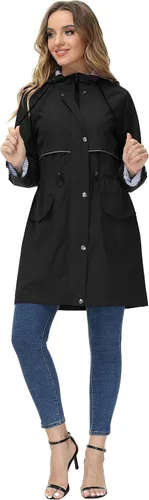 Vista 3 de JASAMBAC Chaqueta larga para mujer, impermeable, ligera, para exteriores, con capucha