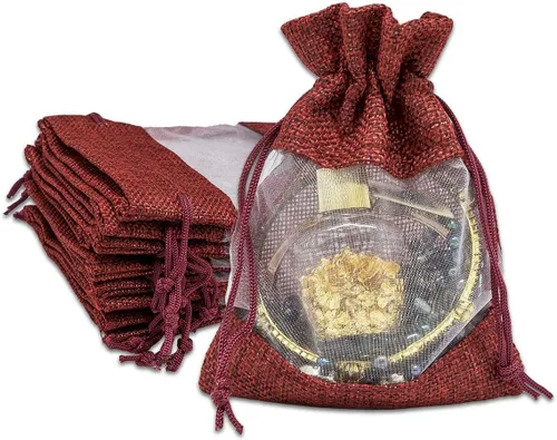 Vista 18 de TheDisplayGuys para tu vida moderna - Paquete de 12 bolsas de regalo pequeñas de arpillera de lino y organza con cordones (8.9x14 cm, gris)