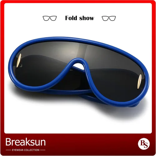 Vista 5 de Gafas de sol de moda con máscara ondulada para mujeres y hombres, de gran tamaño, color plateado, con escudo futurista, estilo de diseñador