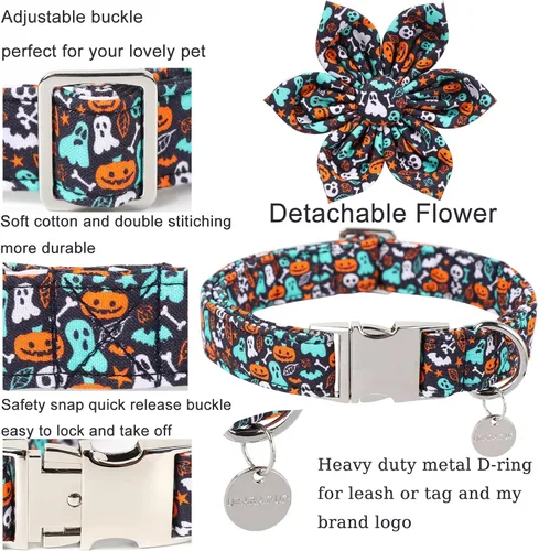 Vista 3 de Collar de Halloween para perro con flor, collar de flores de algodón de calabaza para cachorros, hembras, perro o gato, collar de flores