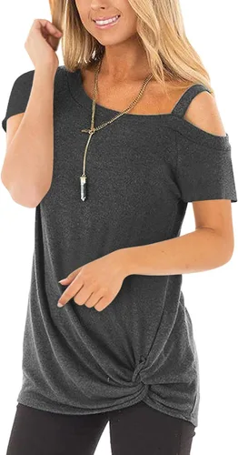 Vista 2 de Temofon - Camisetas de mujer, sin hombros, camiseta de verano informal, de manga corta, con diseño de nudo trasero y hombros desnudos, tallas S a 2XL