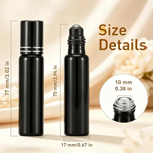 Vista 2 de Kesell Paquete de 6 botellas de rodillo de vidrio negro de 0.3 fl oz, botellas de rodillo de aceite esencial con embudo y aplicador de bola