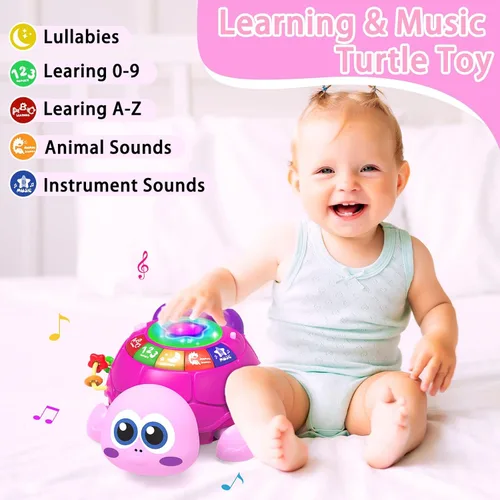 Vista 3 de Ussybaby Juguetes Musicales de Tortuga para Bebés de 6 a 12 Meses, Juguete Musical Iluminado para Tiempo Boca Abajo del Bebé con Teléfono, Juguetes