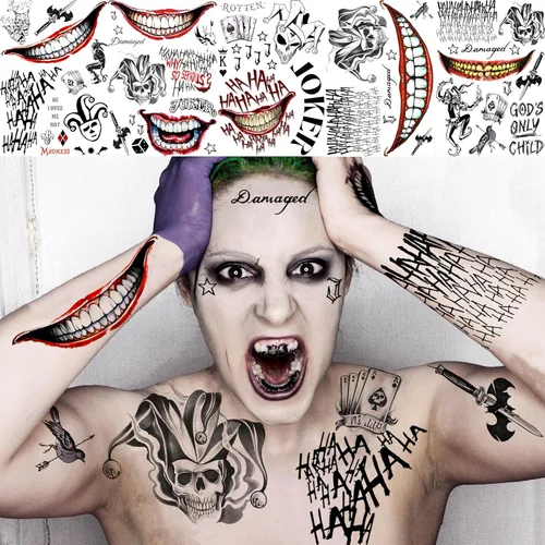 Vista 5 de EGMBGM 5 hojas de tatuajes temporales de Joker 3D para hombres, mujeres y adultos, kit de maquillaje de Halloween, payaso fantasma, sonrisa