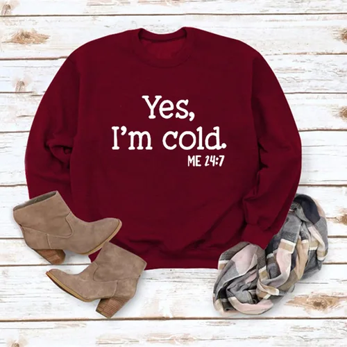 Vista 2 de Sudadera estampada con texto en inglés "I'm Yes Cold Me 247", de manga larga, cuello redondo, con letras, informal, holgada, para mujer