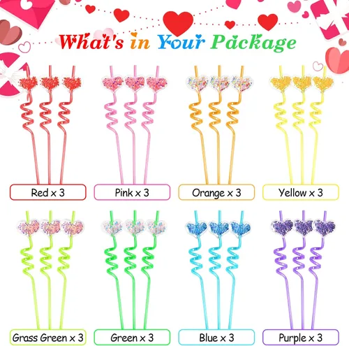 Vista 5 de 24 popotes de plástico con purpurina de 8 colores para el día de San Valentín, con 2 cepillos de limpieza
