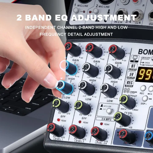 Vista 3 de BOMGE 04D portátil bluetooth 4 canales DJ mezclador de sonido de audio consola de mezcla con interfaz USB, entrada de alimentación fantasma de 48 V