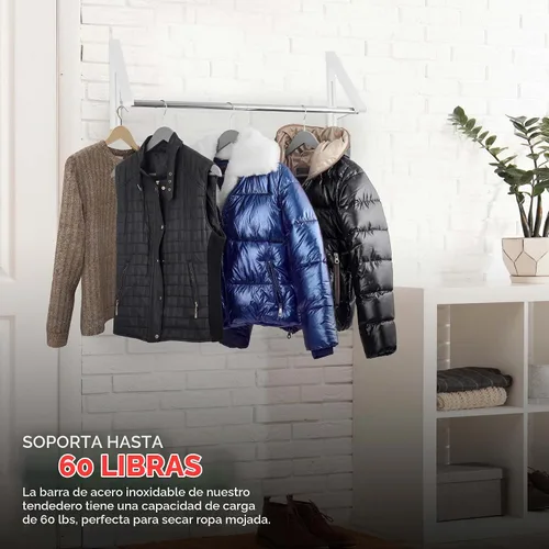 Vista 5 de Estante Doblado Plegable para Ropa con Barra Extensible, Perchero Retráctil de Pared para Secador de Ropa, Barra de Secado Colgante, Pequeños Blanco