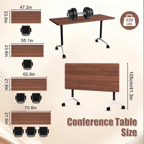 Vista 2 de Paquete de 4 mesas de conferencias plegables, mesa de entrenamiento móvil Walnut 1
