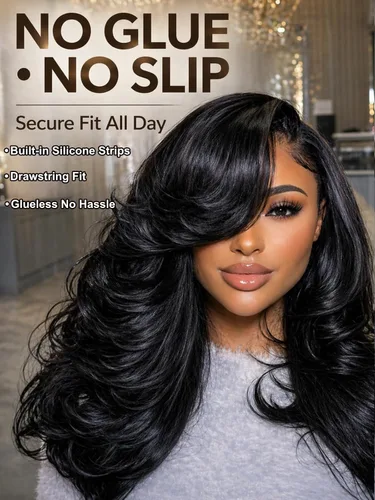 Vista 2 de UNICE Bye Bye Slip Peluca de Capas Emplumadas con Raya Lateral de Cabello Humano Sin Pegamento con Tiras de Silicona Seguras y Cordón Densidad 200%