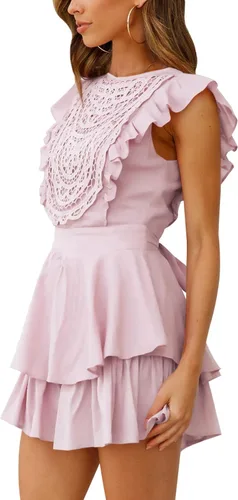 Vista 3 de AIMCOO Enterizo de manga con vuelo y encaje de ganchillo para mujer, vestido con cuello redondo y lazo en la cintura, overoles cortos con volantes