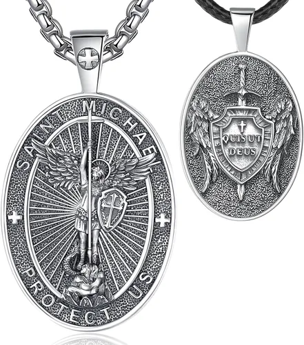 Vista 41 de EUDORA Medalla de plata de ley S925 con collar de San Patrono para mujeres A01-Saint Benedict Medalla