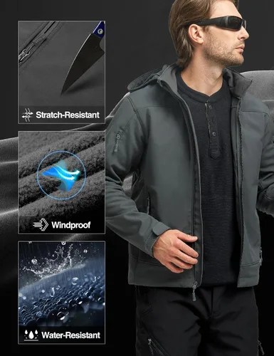 Vista 4 de FREE SOLDIER Chaqueta de senderismo Softshell para hombre, impermeable, con capucha, táctica, cazadora