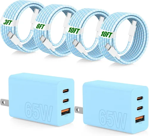 Vista 11 de USB C de carga súper rápida de 65 W para iPhone 17 16 Pro Max, bloque de carga USB C de 3 puertos de 100 W y cable trenzado tipo C de 3/6/6/10 pies